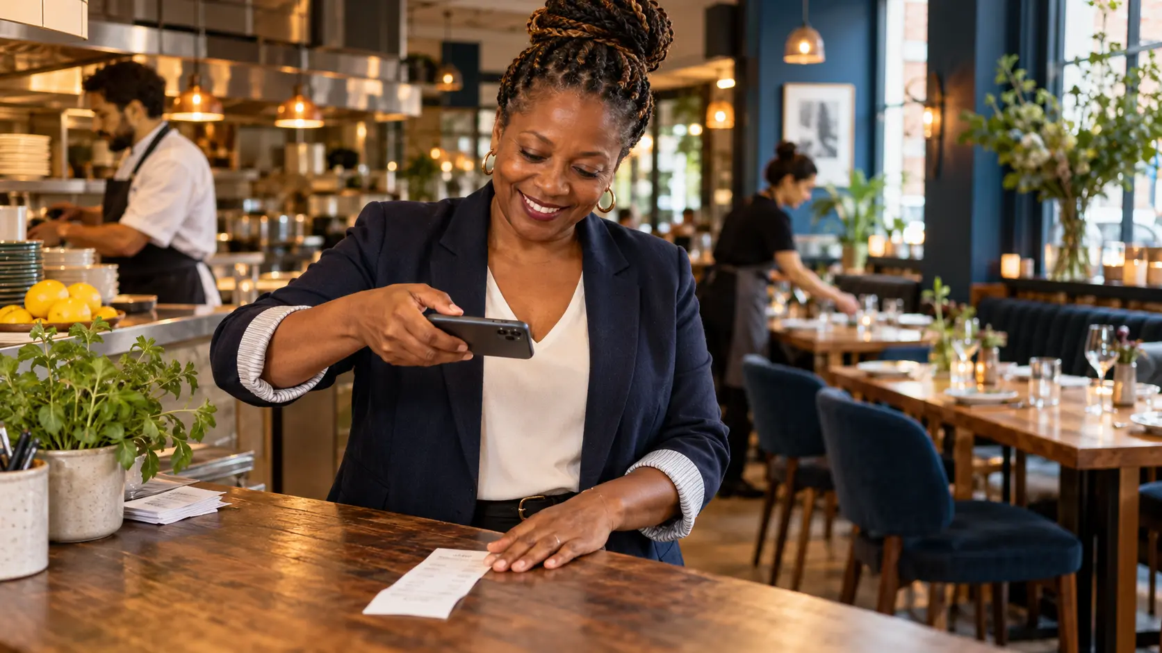 Smiling restaurant owner photographing a receipt for digital bookkeeping