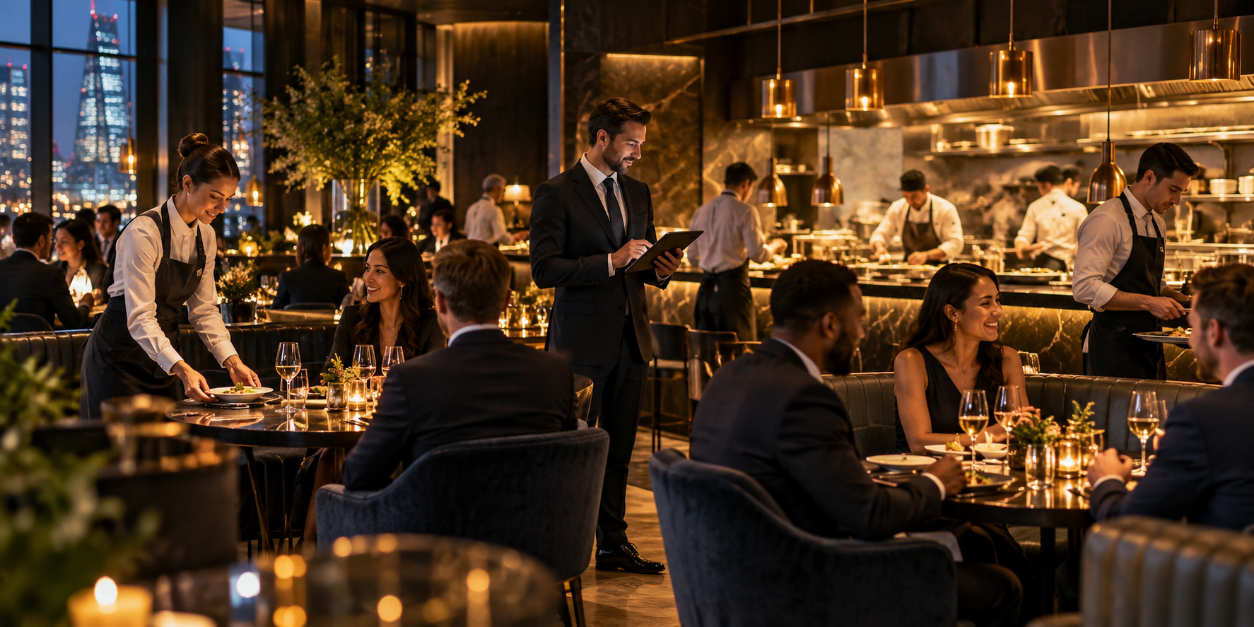 Hospitality team working in an upscale London restaurant supported by a hospitality accountant